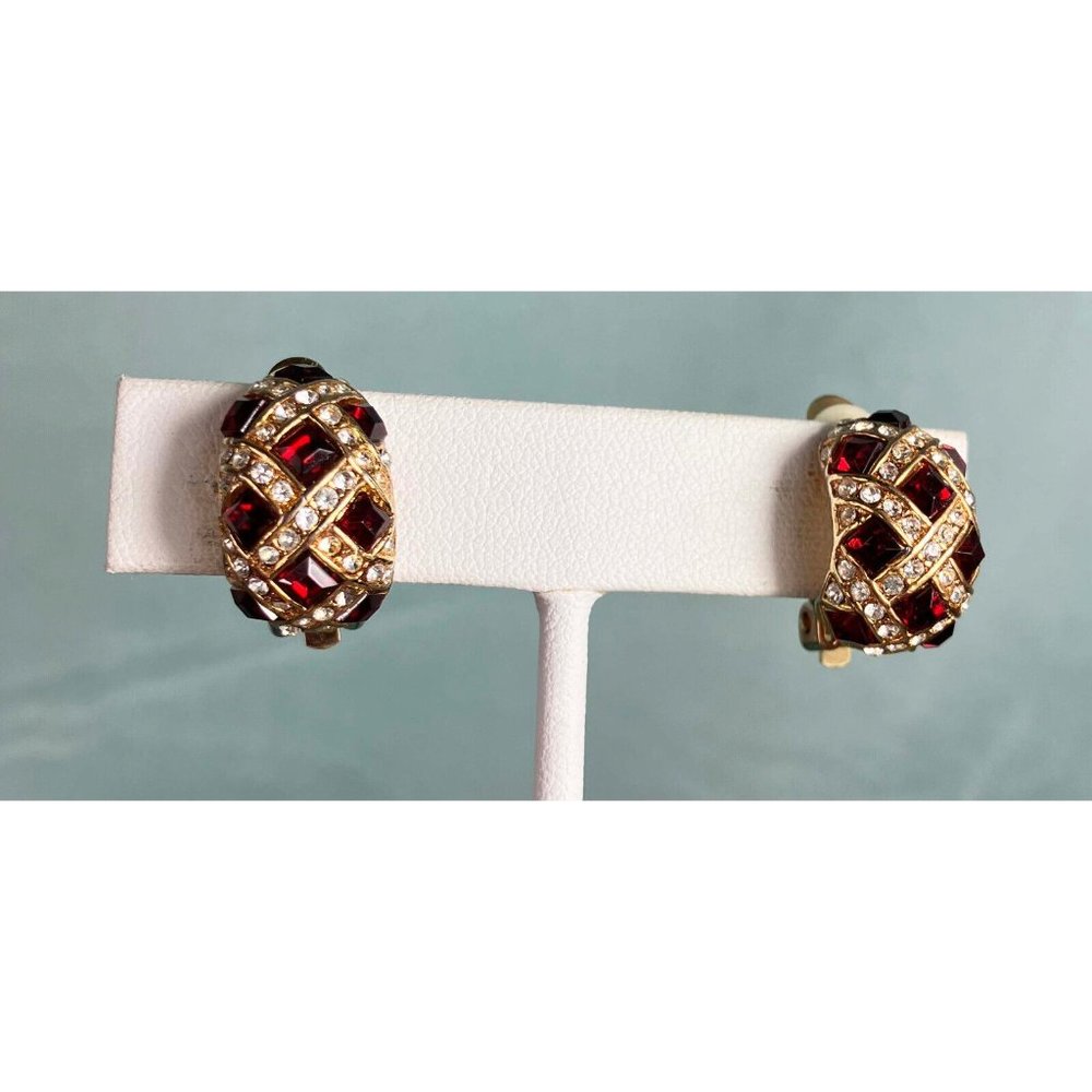 Vintage Basket Weave Red Clear Crystal Clip Earring Saks Fifth Ave
